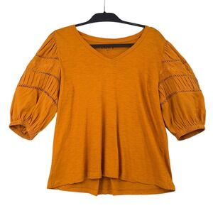 LOFT Mustard Yellow Embroidered Puff Sleeve V-Neck Top Small Boho Lace Blouse
